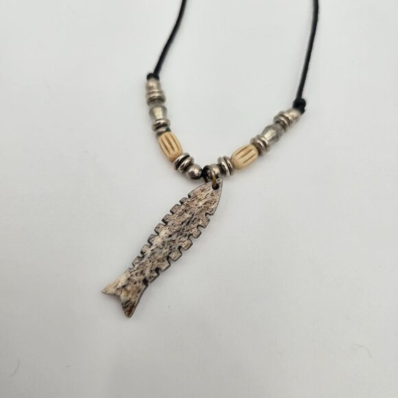 Fish Bone Pendant Necklace With Beaded Cord & Adjustable Closure - Picture 3 of 4